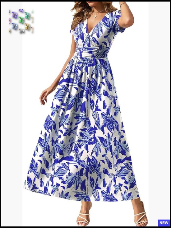 Dresses & Skirts - Floral Print Maxi Dress Casual V Neck Short Sleeve Flowy Sundress with Pockets